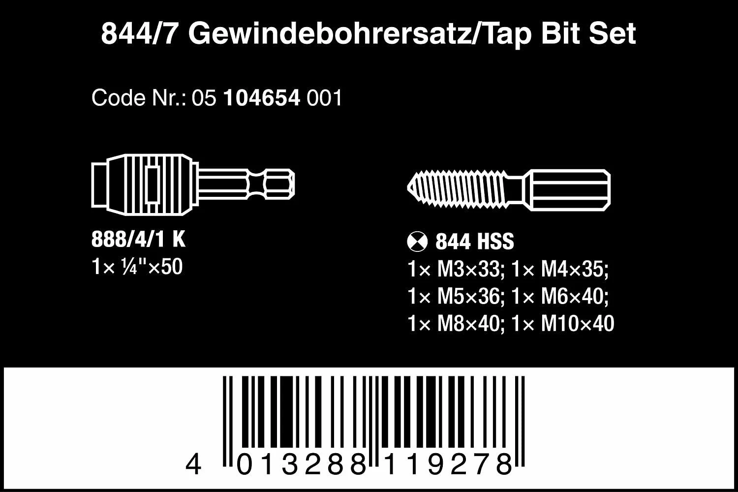 Wera 104654 844/7 7 Piece Metric HSS Metal Tap Threading Bit Set & 1/4" Bit Holder 6 Wera 104654 844/7 7 Piece Metric HSS Metal Tap Threading Bit Set & 1/4" Bit Holder - Image 6