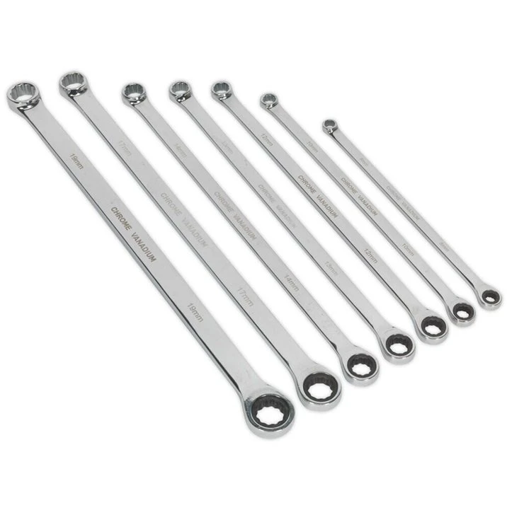 Sealey AK6319 7 Piece Extra Long Double Ring Ratchet / Fixed Spanner Set 8-19mm 1 Sealey AK6319 7 Piece Extra Long Double Ring Ratchet / Fixed Spanner Set 8-19mm